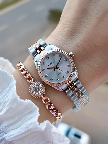 Ferrucci Küçük Vintage Kasa Çelik Kordon 2 Yıl Garantili 3 Atm Kadın Kol Saati+Bileklik FY.03630.5 ürün görseli