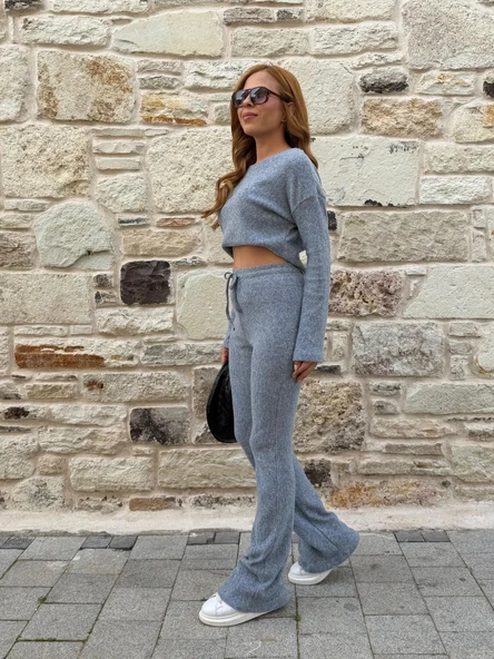 Kadın Bisiklet Yaka Crop Ve Ispanyol Paça Pantolon Ikili Takım - Resim 2