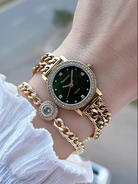 Ferrucci Küçük Vintage Kasa Çelik Kordon 2 Yıl Garantili 3 Atm Kadın Kol Saati+Bileklik FY.03615.5 ürün görseli