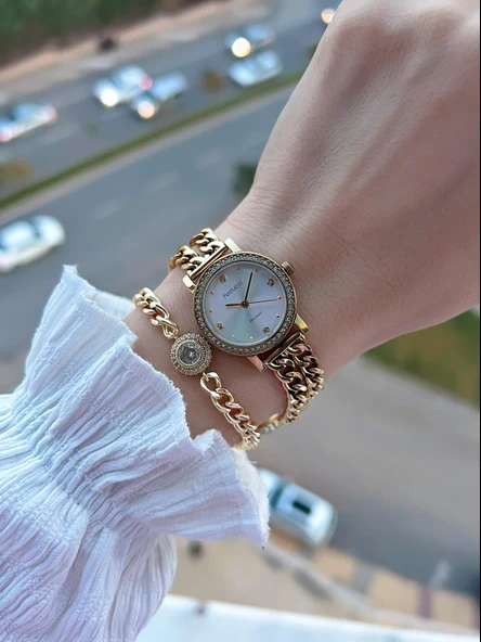 Ferrucci Küçük Vintage Kasa Çelik Kordon 2 Yıl Garantili 3 Atm Kadın Kol Saati+Bileklik FY.03615.6 - Resim 2