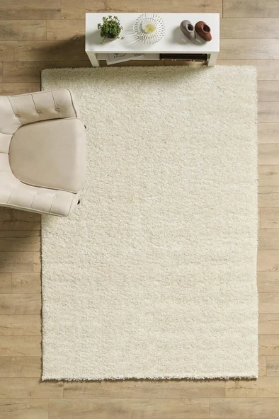 Yüksek Tüylü 30 mm Hav Yüksekliğinde Düz Krem Renkli Shaggy Halı - Resim 2