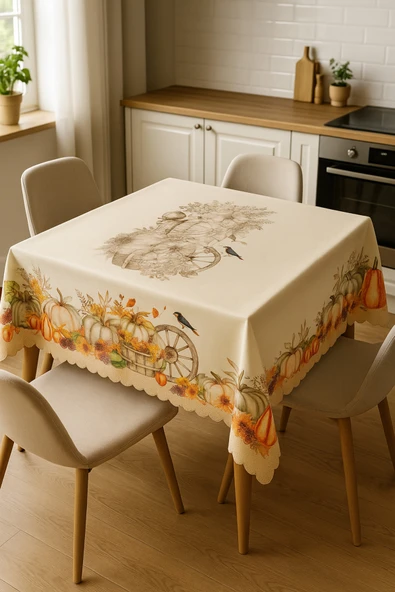 Leke Tutmaz 3D Dijital Baskılı Masa Örtüsü Bal Kabağı Pumpkin Modern Masa Örtüsü - Resim 2