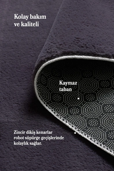 Modern Saçaklı Kaymaz Taban Tavşan Tüyü Kolay Temizlenebilir Yıkanabilir Salon Oturma Odası Yolluk Mutfak Halısı Gri Renk - Resim 3