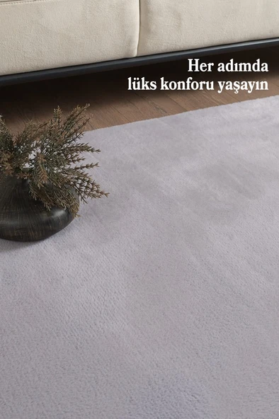 Modern Saçaklı Kaymaz Taban Tavşan Tüyü Kolay Temizlenebilir Yıkanabilir Salon Oturma Odası Yolluk Mutfak Halısı Açık Gri Renk - Resim 5