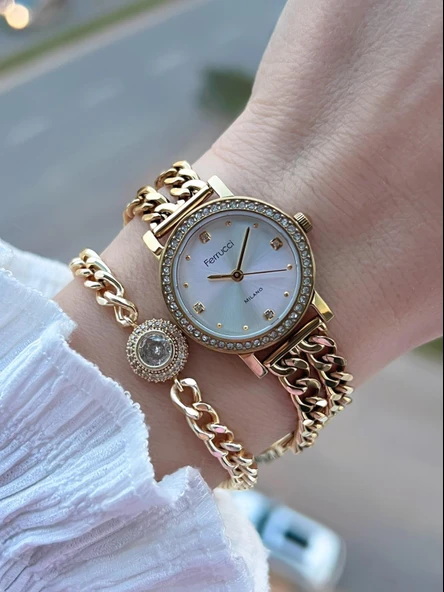 Ferrucci Küçük Vintage Kasa Çelik Kordon 2 Yıl Garantili 3 Atm Kadın Kol Saati+Bileklik FY.03615.6 ürün görseli