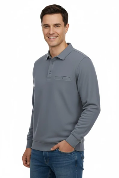 Erkek Gömlek Yaka Petek Doku Cepli Regular Fit Sweatshirt BGL-ST04956 - Resim 4