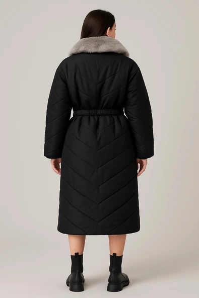 Yakası Kendi Renginde Kürklü Kışlık Mont/Trençkot - Resim 8