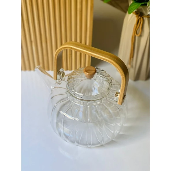 Ahşap Saplı Cam Çizgili Demlik - Resim 2