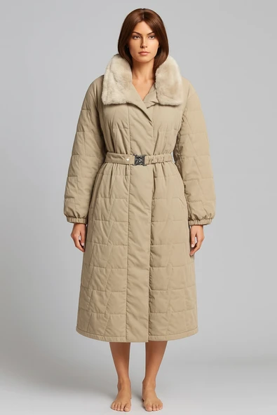 Yakası Kendi Renginde Kürklü Kışlık Mont/Trençkot - Resim 4