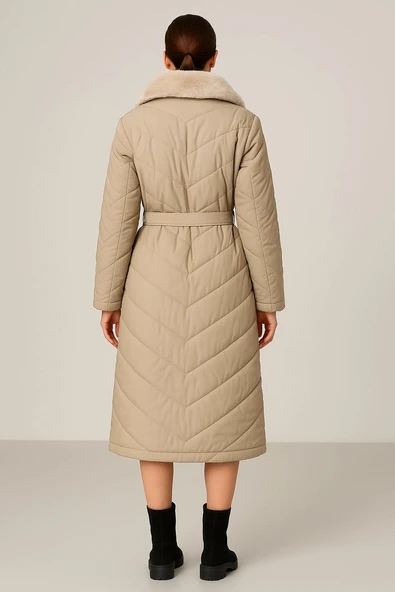 Yakası Kendi Renginde Kürklü Kışlık Mont/Trençkot - Resim 2