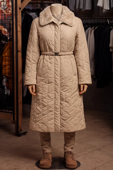 Yakası Kendi Renginde Kürklü Kışlık Mont/Trençkot - Resim 3