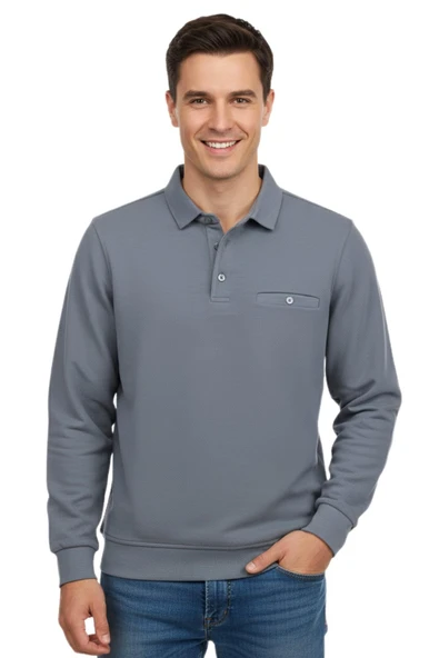 Erkek Gömlek Yaka Petek Doku Cepli Regular Fit Sweatshirt BGL-ST04956 - Resim 3