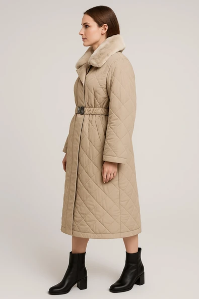 Yakası Kendi Renginde Kürklü Kışlık Mont/Trençkot - Resim 5