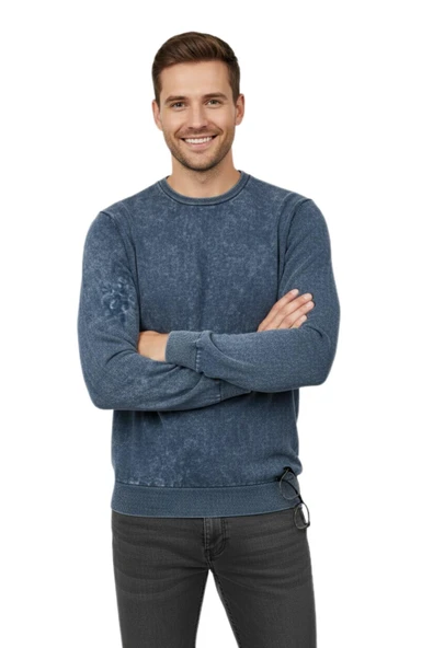 Erkek Spor Sıfır Yaka Taşlama Yıkamalı Regular Fit Kazak BGL-ST04952 - Resim 3