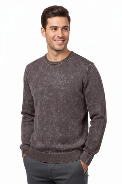 Erkek Spor Sıfır Yaka Taşlama Yıkamalı Regular Fit Kazak BGL-ST04952 - Resim 6