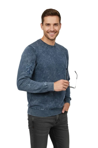 Erkek Spor Sıfır Yaka Taşlama Yıkamalı Regular Fit Kazak BGL-ST04952 - Resim 5