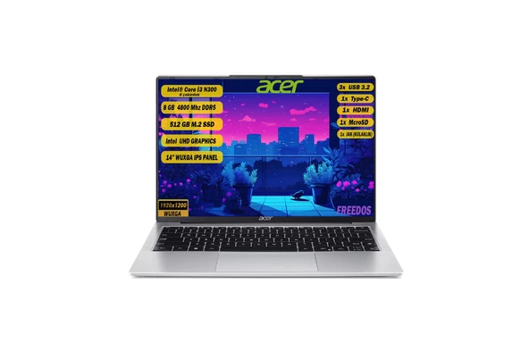 Acer Aspire Lite AL14-31P-39KN NX.KS9EY.002 i3-N300 8 GB 512 GB SSD UHD Graphics 14" Freedos Notebook ürün görseli 1