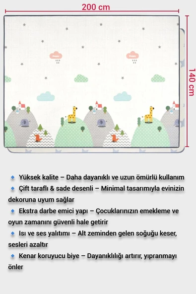 Wellgro Oyun Matı, 200x140x1 cm Çift Taraflı Rulo Oyun Halısı - Resim 4