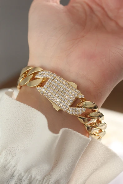 Vip Seri Pirinç Ortası Zirkon Taşlı Gold Renk Gurmet Bileklik - Resim 2