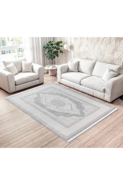 Osmanlı Medalyonlu Halı Desenli Pamuk Tabanlı Salon - Oturma Odası  Gri Renk Halı ürün görseli 1