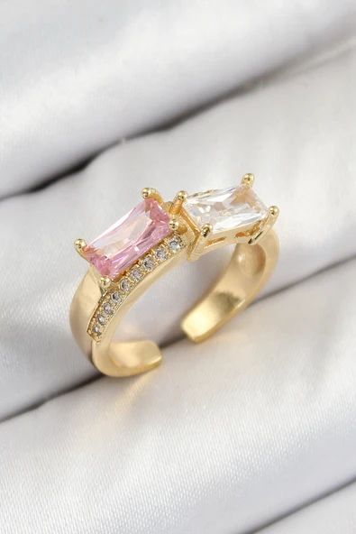 Pirinç Zirkon Taşlı Dikdörtgen Model Gold Renk Kadın Yüzük ürün görseli 1