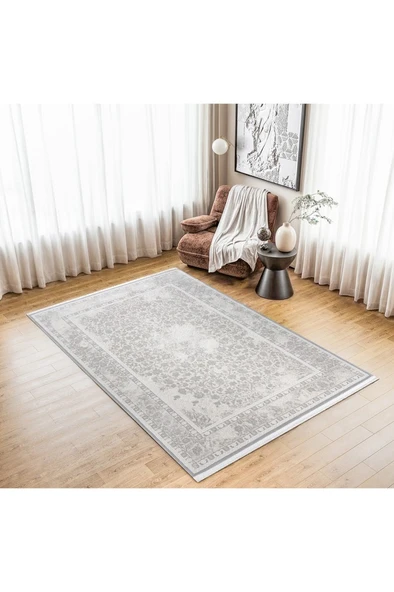 Klasik Medalyon Tasarımlı Pamuk Tabanlı Salon - Oturma Odası Gri Renk Halı ürün görseli 1