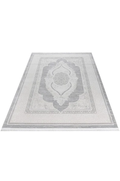 Osmanlı Medalyonlu Halı Desenli Pamuk Tabanlı Salon - Oturma Odası  Gri Renk Halı - Resim 6