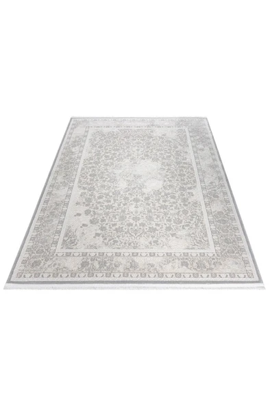 Klasik Medalyon Tasarımlı Pamuk Tabanlı Salon - Oturma Odası Gri Renk Halı - Resim 6