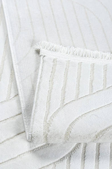 Dalga Desenli Geometrik Motif Tasarımlı Pamuk Tabanlı Salon - Oturma Odası  Krem Renk Halı - Resim 2