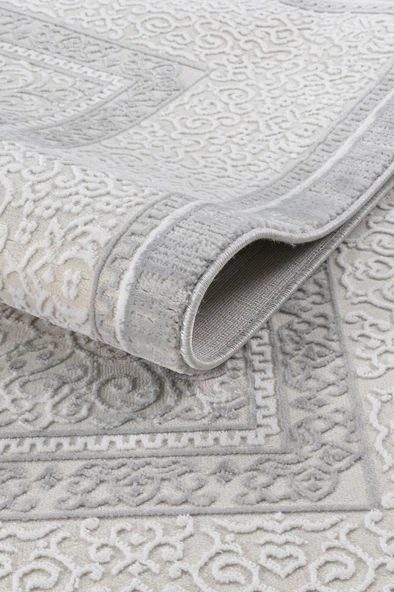 Osmanlı Medalyonlu Halı Desenli Pamuk Tabanlı Salon - Oturma Odası  Gri Renk Halı - Resim 3