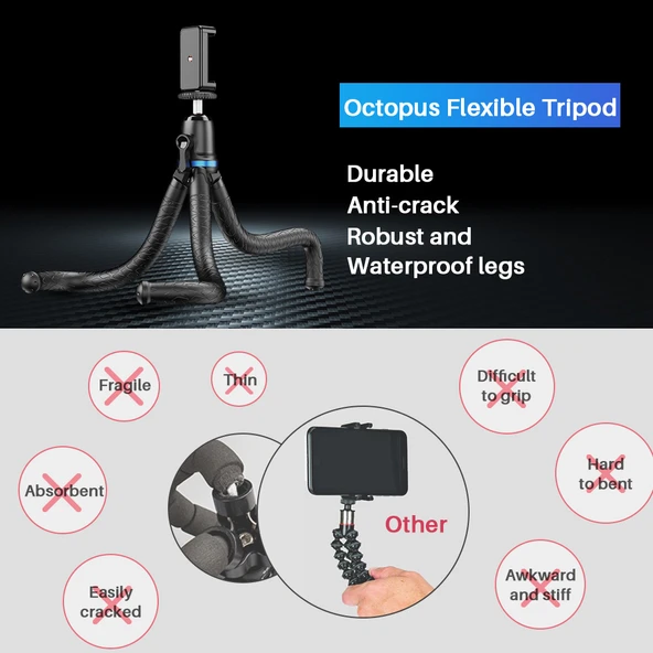 Apexel Profesyonel 30cm Esnek Ahtapot Tripod ve Vlog Kiti Telefon Tutucu Gopro Dslr Uyumlu APL-JJ10 - Resim 6