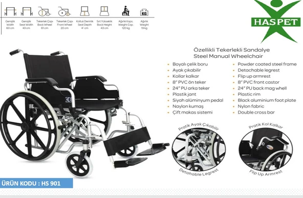 Çelik Gövdeli Özellikli Tekerlekli sandalye DY01909B ürün görseli 1