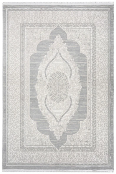 Osmanlı Medalyonlu Halı Desenli Pamuk Tabanlı Salon - Oturma Odası  Gri Renk Halı - Resim 2