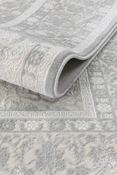 Klasik Medalyon Tasarımlı Pamuk Tabanlı Salon - Oturma Odası Gri Renk Halı - Resim 3