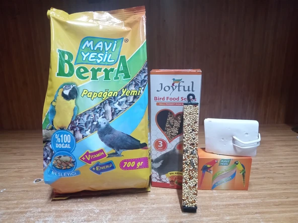 Mavi Yeşil Berra Papağan Yemi 700 Gram+Joyful Paraket Kraker+Mavi Yeşil  Papağan Gaga Taşı ürün görseli 1