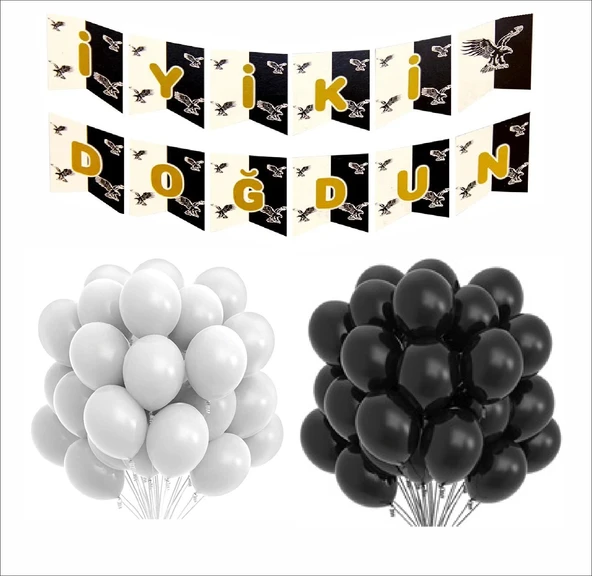 Tarafar Siyah Beyaz 20 Balon Banner Seti ürün görseli 1