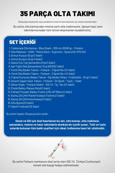 35 Parça Tam Takım Olta Seti - 300cm Kamış 30-60GR / 40'lık Makine (XA) - Tüm Deniz ve Göller İçin - Resim 2
