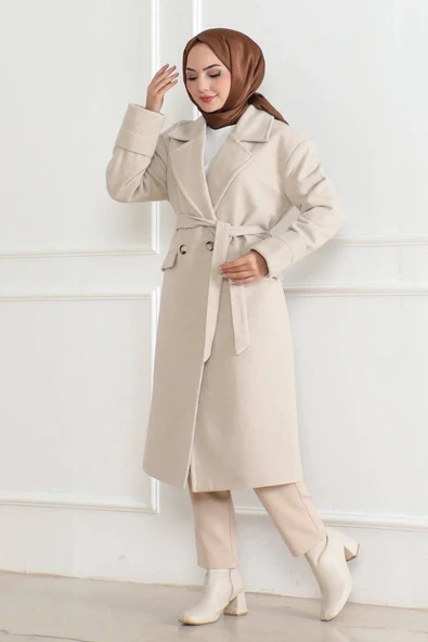 Kadın Kaşe Kaban – Uzun Boy Kruvaze Yaka Kuşaklı Tesettür Kaşe Kışlık Kaban, Astarlı Şık Yünlü Dokuma Oversize Rahat Kal - Resim 8
