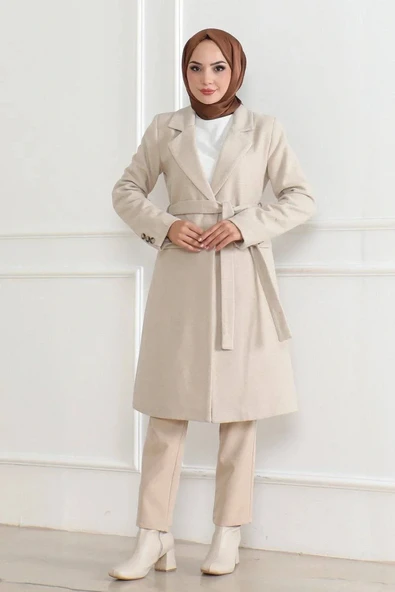 Kadın Kaşe Kaban – Uzun Boy Kruvaze Yaka, Kuşaklı Tesettür Kışlık Kaban, Astarlı Şık Yünlü Dokuma Oversize Rahat Kalıp, - Resim 8
