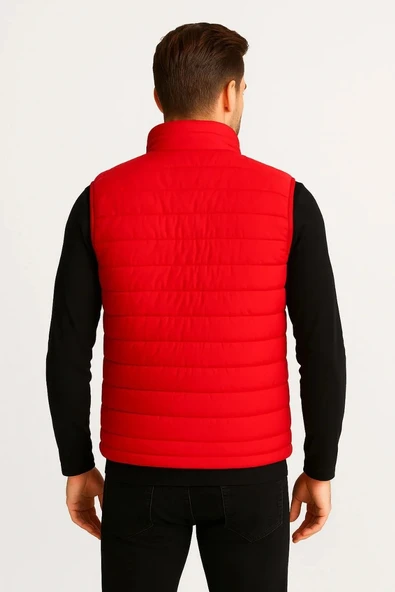Erkek Şişme Fermuarlı Yelek Su itici Kapitone Astarlı Kumaş Cepli Hafif Kışlık Spor Rahat Kalıp - Kırmızı - Resim 4