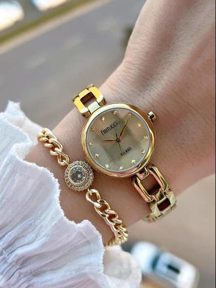 Ferrucci Küçük Vintage Kasa Çelik Kordon 2 Yıl Garantili 3 Atm Kadın Kol Saati+Bileklik FY.03644.1 ürün görseli