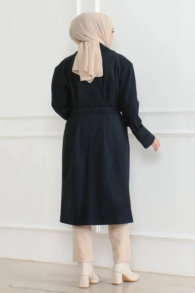 Kadın Kaşe Kaban – Uzun Boy Kruvaze Yaka Kuşaklı Tesettür Kaşe Kışlık Kaban, Astarlı Şık Yünlü Dokuma Oversize Rahat Kal - Resim 2