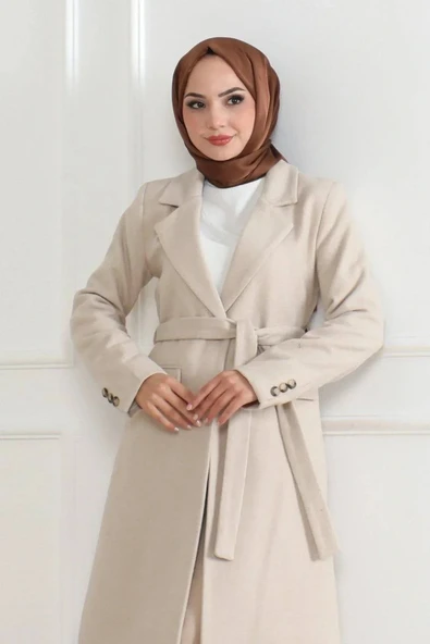 Kadın Kaşe Kaban – Uzun Boy Kruvaze Yaka, Kuşaklı Tesettür Kışlık Kaban, Astarlı Şık Yünlü Dokuma Oversize Rahat Kalıp, - Resim 7
