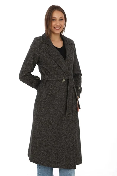 Kadın Balık Sırtı Kaşe Kaban – Uzun Boy Kruvaze Yaka Kuşaklı Astarlı Kışlık Tesettür Kaban, Yünlü Dokuma Kaşmir Kumaş, C - Resim 6