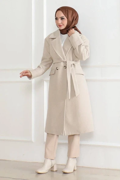 Kadın Kaşe Kaban – Uzun Boy Kruvaze Yaka Kuşaklı Tesettür Kaşe Kışlık Kaban, Astarlı Şık Yünlü Dokuma Oversize Rahat Kal - Resim 5
