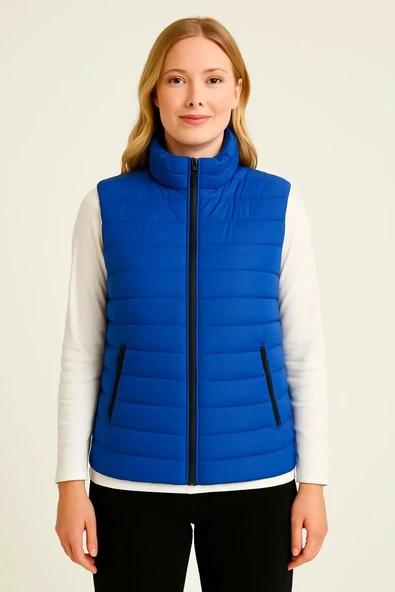 Kadın Şişme Fermuarlı Yelek Su itici Kapitone Astarlı Kumaş Cepli Hafif Kışlık Spor Rahat Kalıp - Saks Mavisi - Resim 2