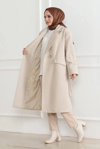 Kadın Kaşe Kaban – Uzun Boy Kruvaze Yaka Kuşaklı Tesettür Kaşe Kışlık Kaban, Astarlı Şık Yünlü Dokuma Oversize Rahat Kal - Resim 6