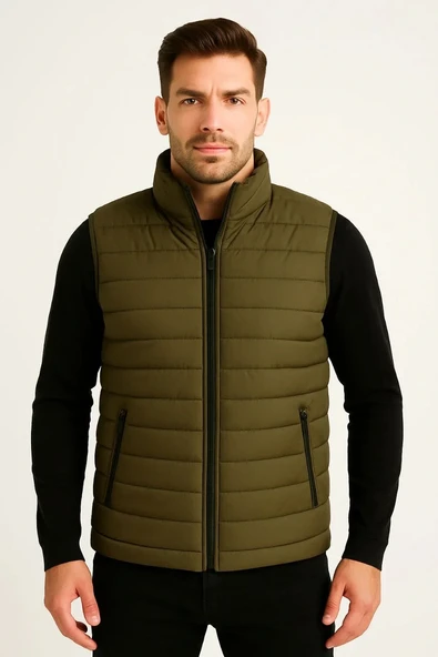 Erkek Şişme Fermuarlı Yelek Su itici Kapitone Astarlı Kumaş Cepli Hafif Kışlık Spor Rahat Kalıp - Haki - Resim 2