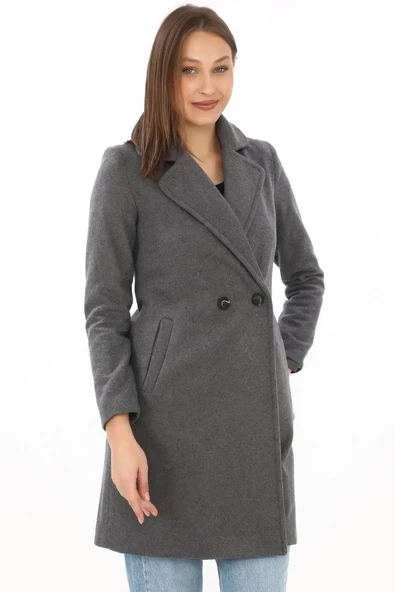 Kadın Kaşe Kaban – Siyah Yünlü Dokuma, Kruvaze Yaka, Astarlı, Cepli, Kuşaklı Uzun Boy Tesettür Uyumlu Kışlık Şık Kaban - - Resim 7