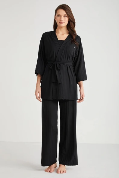 Penye Mood 3lü Kısa Kol Sabahlık Pijama Takımı - Resim 3